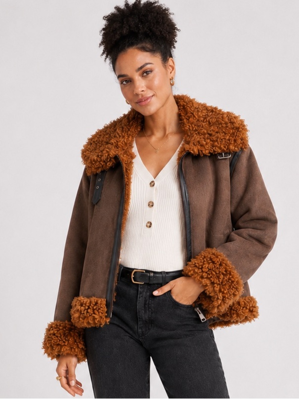 TREASURE & BOND Faux Shearling Jacket Brown Quartz L NWT